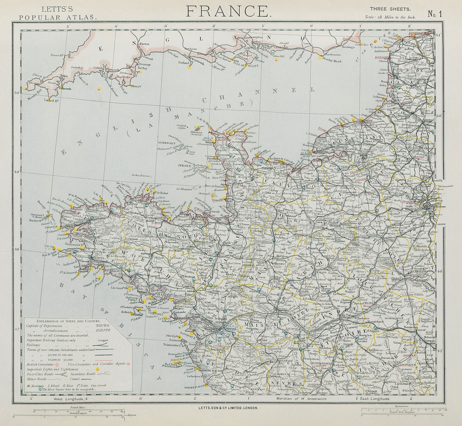 NW FRANCE. Britanny Normandy Loire. Lighthouses British Consuls. LETTS 1884 map